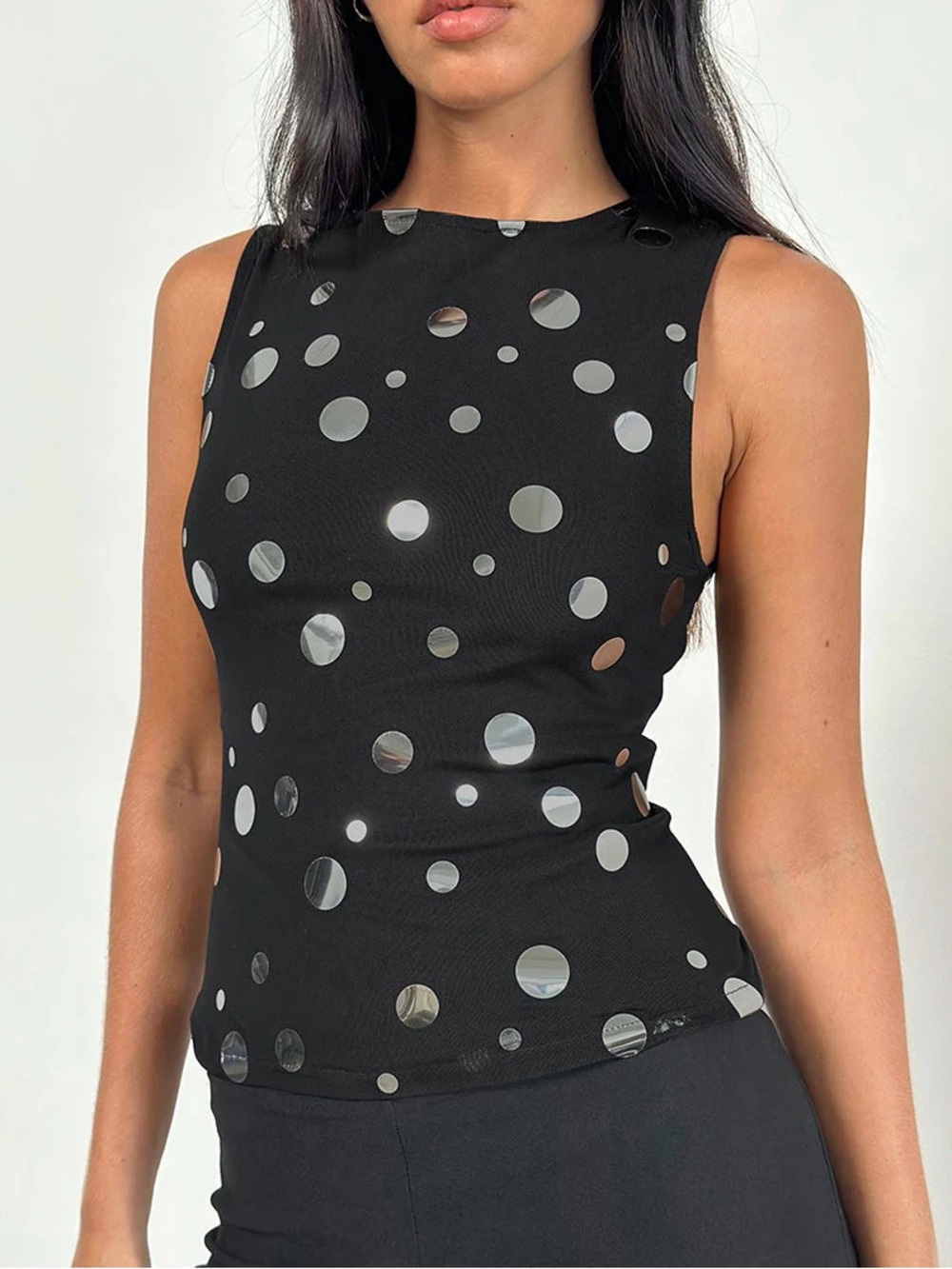 Motel Rocks Hala Top in Black with Silver Polka Dot Foil